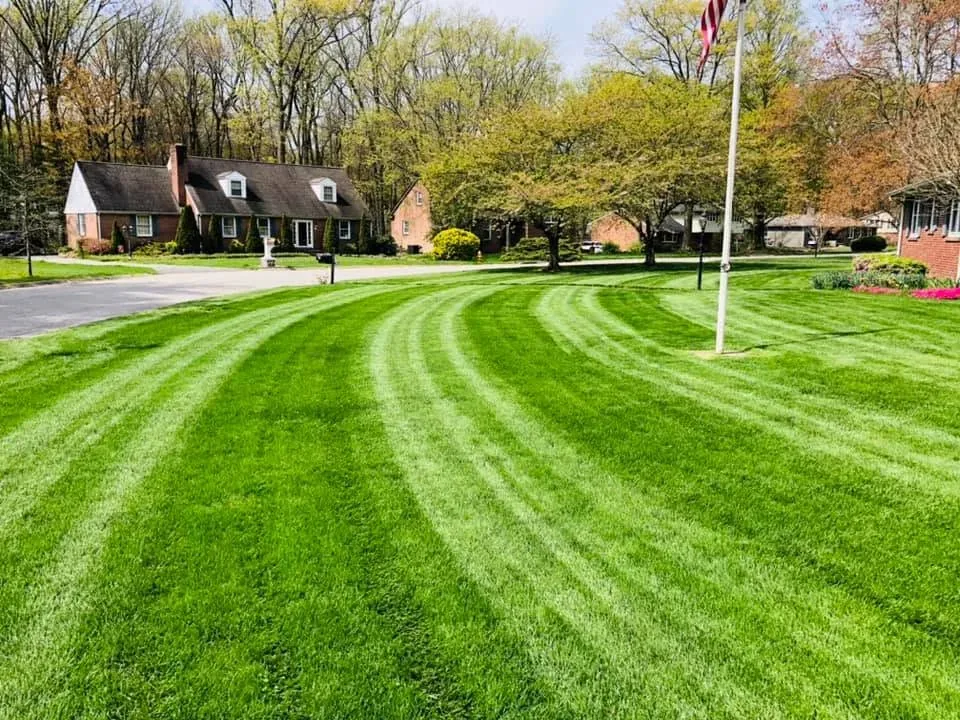 A crisply striped front lawn with a flag on a Delaware property.