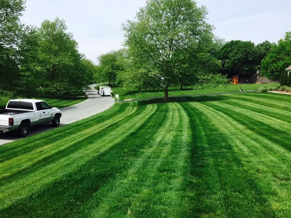 A crisply striped lawn with a Delaware Lawn Crew truck in the driveway