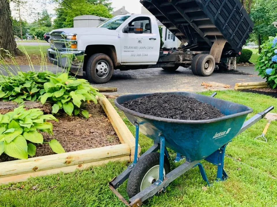 A Delaware Lawn Crew dump truck and wheelbarrow of fresh mulch